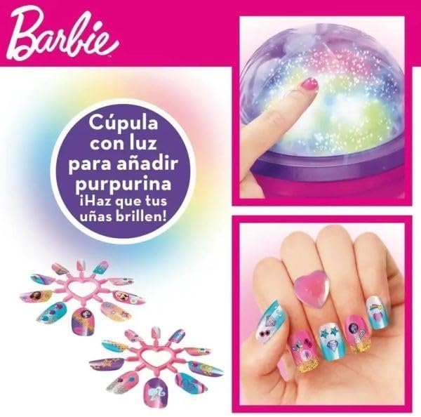 Barbie All-in-One Glitter Nail Studio for Kids Ages 5 and Up with Color-Changing Dome, Trendy Nail Polishes, Glitter, Stickers and Fashionable Nails