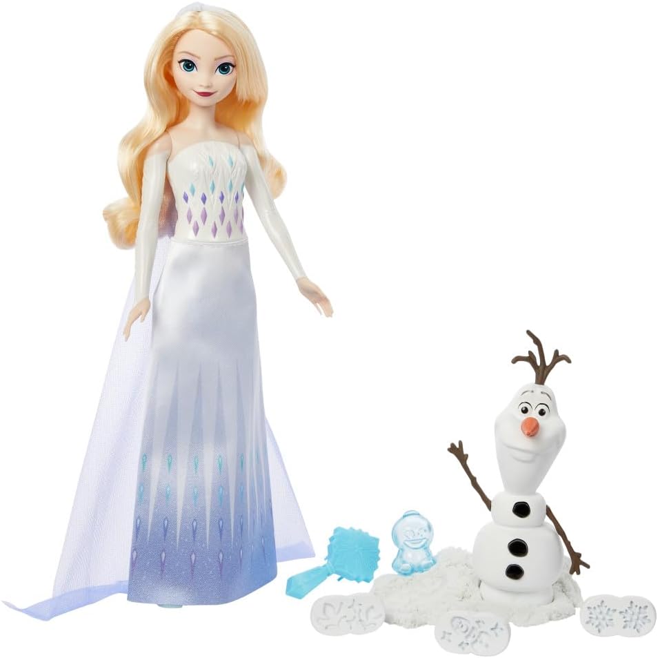 Mattel Disney Frozen Elsa Fashion Doll & Sand Set with Olaf Figure, Moldable “Snow” Sand & 4 Stampers, Elsa & Olaf Adventures, Inspired by Disney Movie