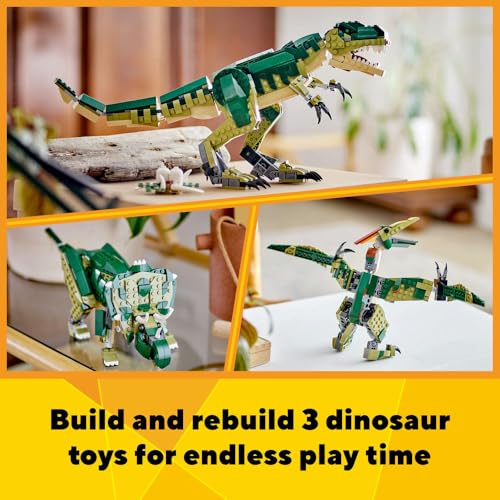 LEGO Creator 3in1 T. rex to Triceratops to Pterodactyl Toys, Dinosaur Figures for 9 Plus Year Old Boys & Girls, Posable Dino Toy Model Building Set, Birthday Gift Idea for Kids 31151