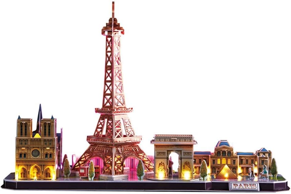 CubicFun 3D LED Puzzle City Line Paris 115 Pieces Battery Operated Architecture Model Kit Eiffel Tower Louvre Notre Dame Gift for Kids and Adults