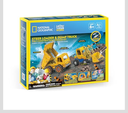 National Geographic Steer Loader and Dump Truck Construction Kit, Hydraulic Science Learning Toy, Educational STEM Activity for Kids
