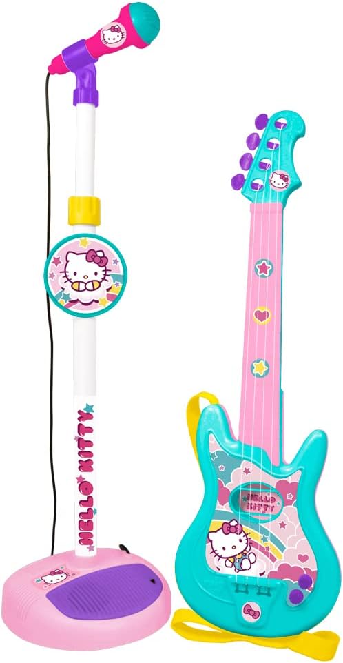 Hello Kitty Microphone and Guitar Set for Kids, Complete Musical Toy with Adjustable Mic Stand and Speaker, Pretend Play Instrument for Boys and Girls, 3Y+ Years