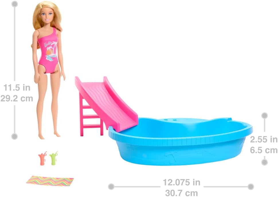 Barbie Doll and Pool Playset, Blonde with Pool, Slide, Towel and Drink Accessories