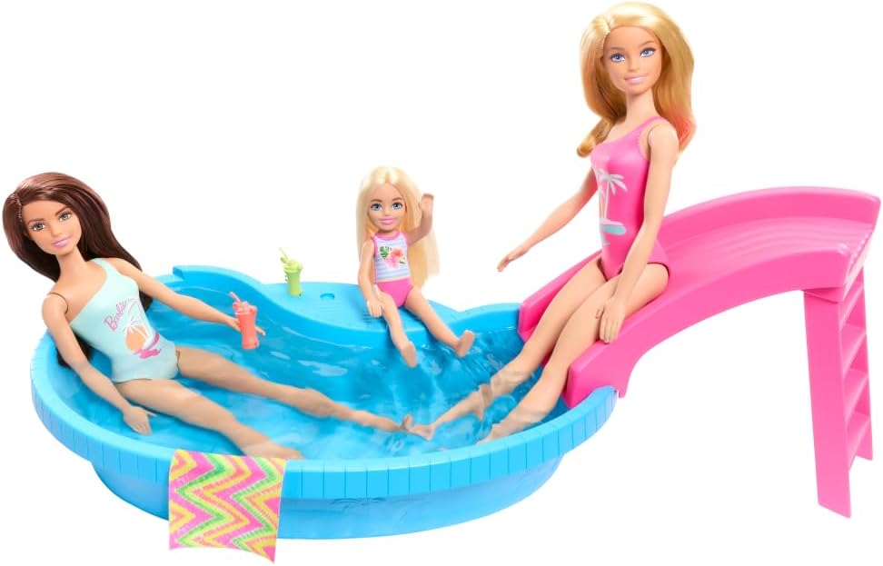 Barbie Doll and Pool Playset, Blonde with Pool, Slide, Towel and Drink Accessories
