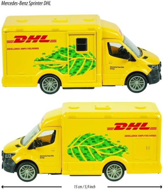 Majorette Grand Series City – Mercedes-Benz Sprinter DHL Die-Cast Delivery Van with Light & Sound Effects, Opening Doors, and Realistic Rubber Tyres, One Size