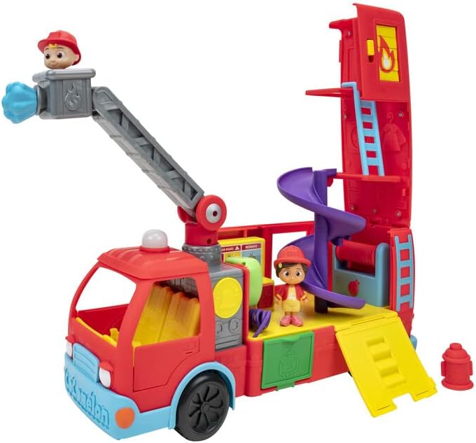 Cocomelon Deluxe Transforming Firetruck Toy, Battery Operated Playset with Lights, Sounds & Ladder, JJ & Nina Firefighter Figures for Kids