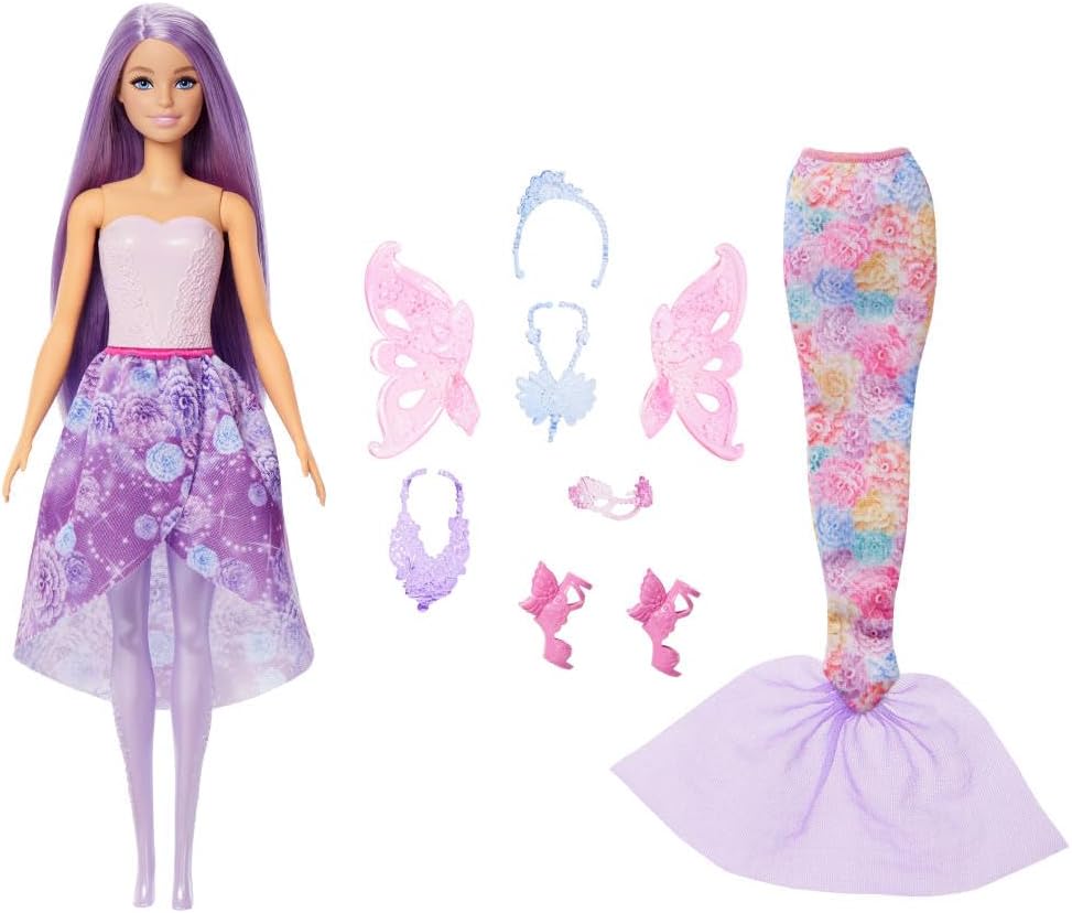 Barbie Doll with Clothes & Accessories, Fantasy Fashion Pack with 8 Accessories Including Mermaid Tail, Fairy Wings, Royal Necklaces, Shoes & More for 10+ Looks