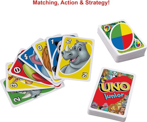 Mattel Games UNO Junior Card Game for Kids with Simple Rules, Levels of Play and Animal Matching for 2-4 Players