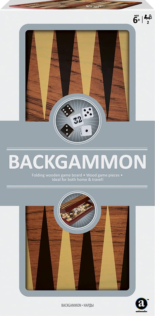 Ambassador Folding Wood Backgammon Set, 30 Light & Dark Game Pieces, 5 Dice, Magnetic Closure Board, 29.5cm x 29.5cm, Kids 6 Years+