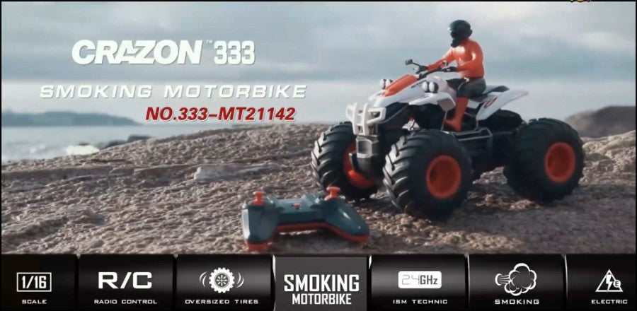 Crazon 1:16 Smoking Quad Bike RC, 4WD Stunt Motorcycle with Lights Smoke 20kmh Speed 25m Range for Kids Boys