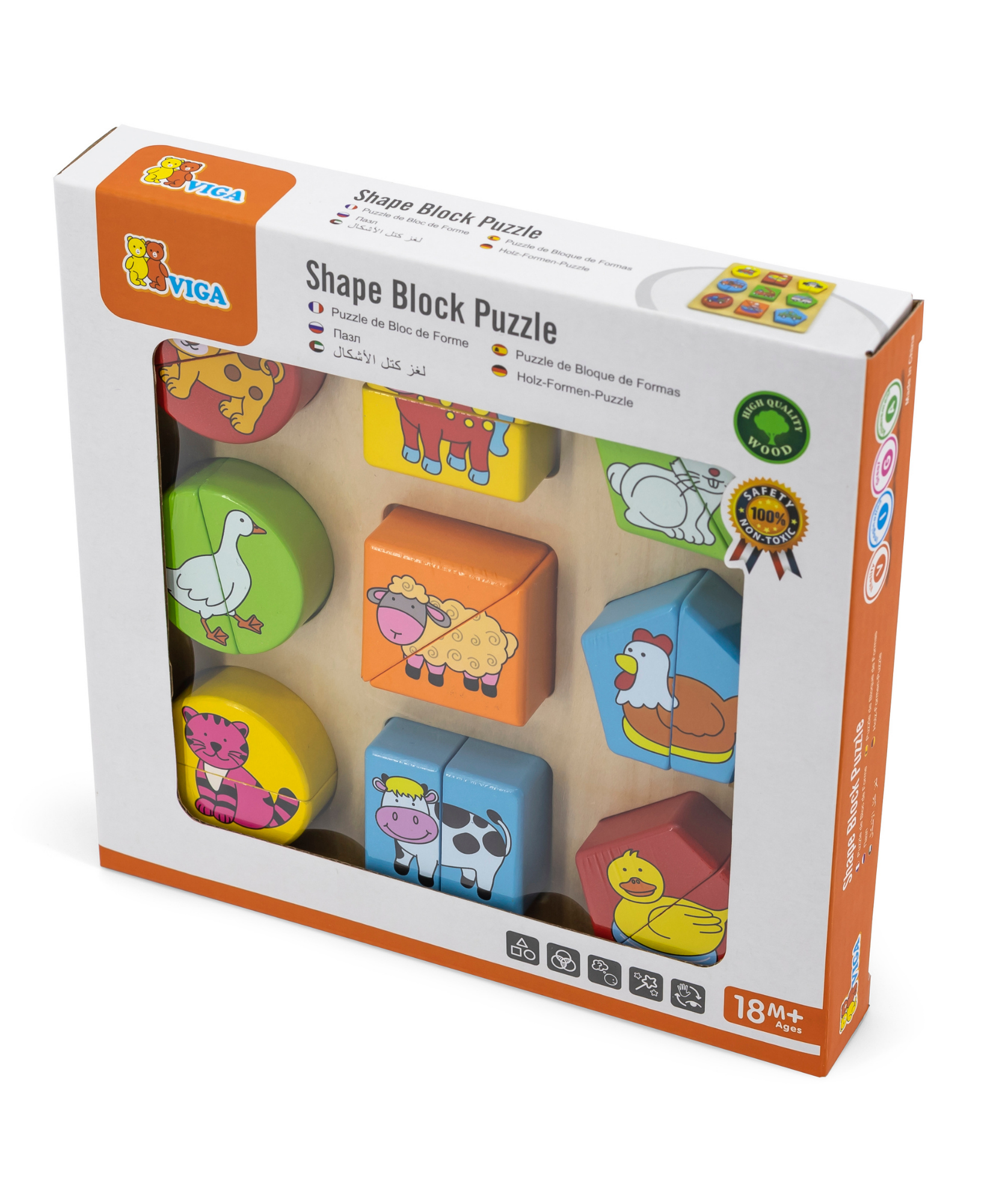 لعبة أحجية مكعبات هندسية من فيجا فارم أنيملز، مكونة من 18 قطعة، لعبة مونتيسوري خشبية، تُنمّي المهارات الحسية والإدراكية والحركية الدقيقة، غير سامة وصديقة للبيئة، مناسبة للأطفال من سن 18 شهرًا فما فوق