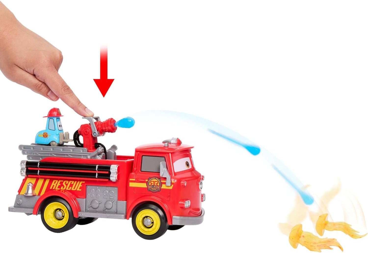 Mattel Disney and Pixar Cars Toy Firetruck, Radiator Springs Race & Rescue Fire Fighting Red & Guido, 2 Plastic Flame Targets & 2 Water Projectiles, JFL54
