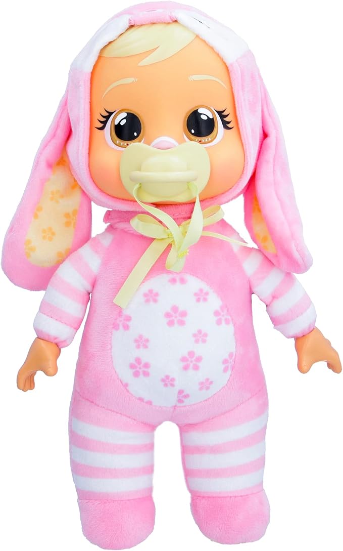 Cry Babies Tiny Cuddles Bunnies Lola - 9 inch Baby Doll, Cries Real Tears, Pink Bunny Themed Pajamas