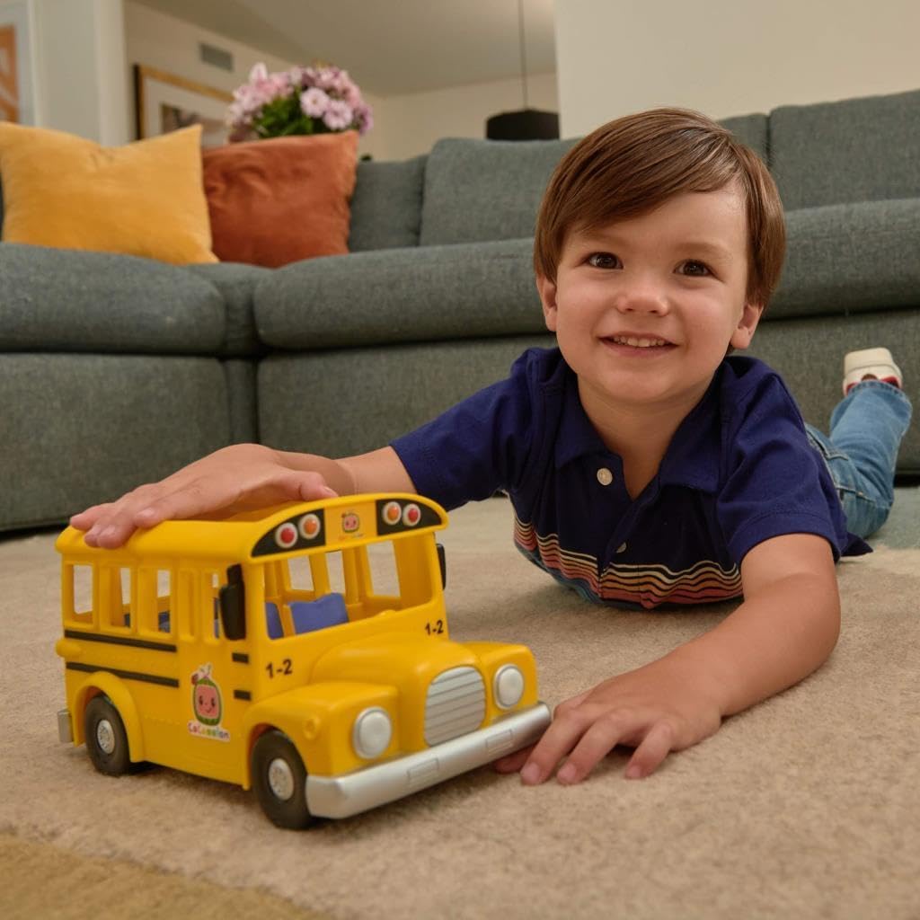 CoComelon Musical Yellow School Bus with JJ Figure, Light-Up & Sound Vehicle Toy, Wheels on the Bus Song, Battery Powered, Ages 2+