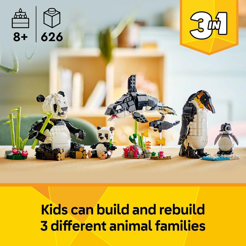 LEGO Creator 3in1 Wild Animals: Panda Family Toy - Transforms into Penguin Figures or Orca Whale Toys - Ramadan Gift for 8+ Year Old Girls & Boys - 31165
