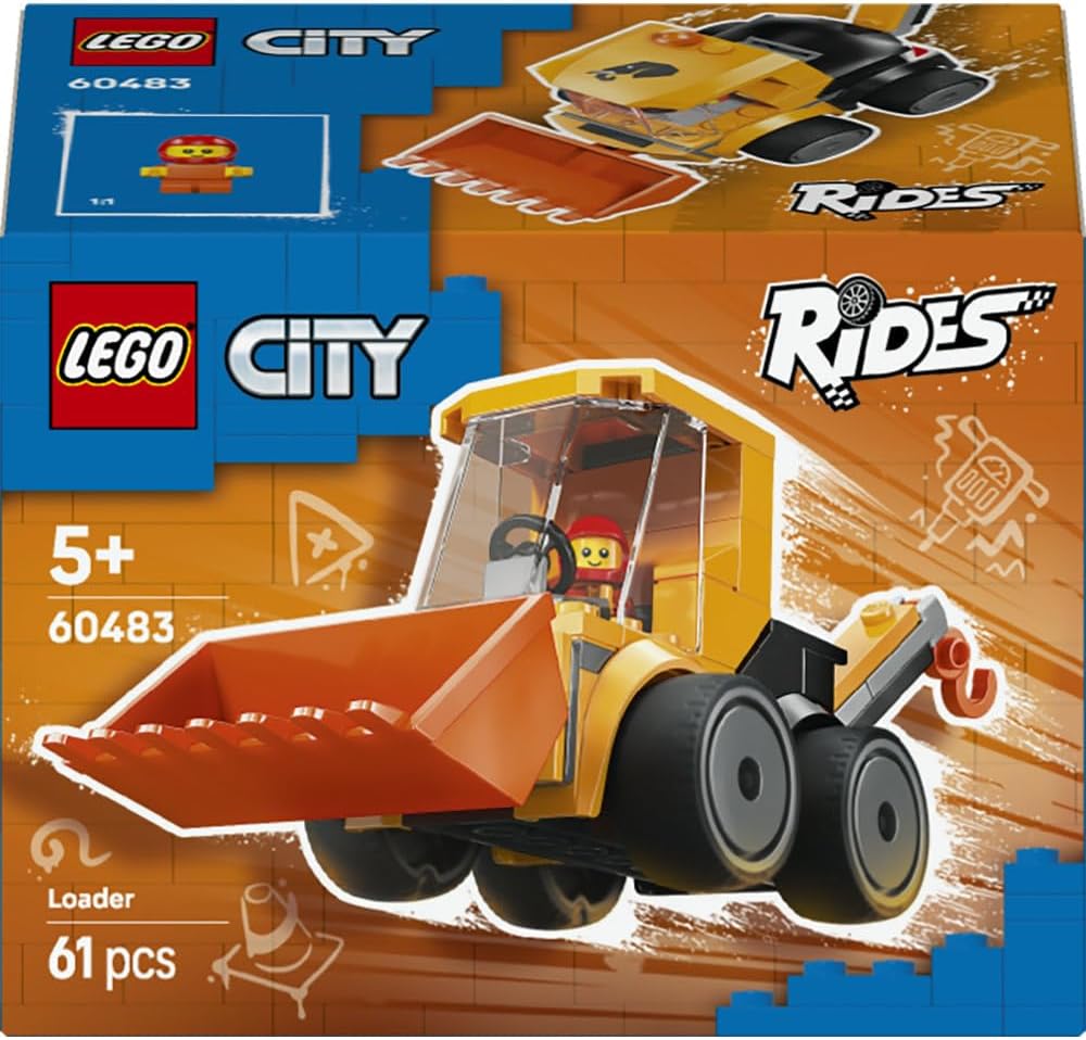 LEGO City Rides – Construction Loader Toy - Excavator Building Set w/a Worker Junior Minifigure - Party Bag Fillers - Small Collectible Gift for 5+ Year Old Boys - 60483