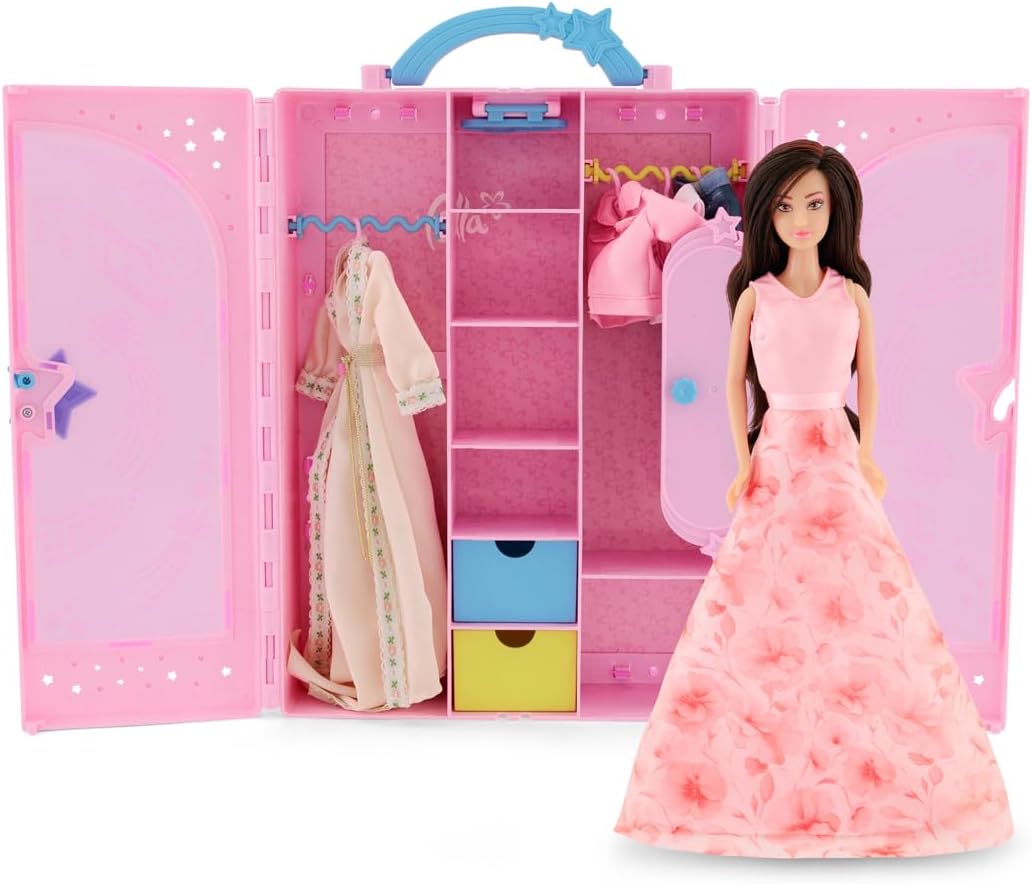 Fulla Doll with Dress-Up Closet, Fashion Wardrobe Playset with Outfits and Accessories, Mix-and-Match Pretend Play Toy for Girls Ages 3 and Up