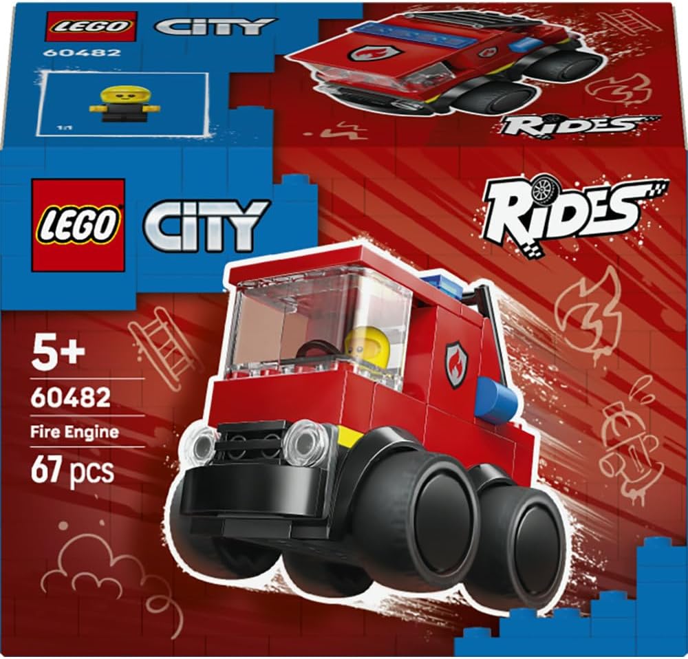 LEGO City Rides – Fire Engine Toy - Emergency Vehicles Building Set w/a Firefighter Junior Minifigure - Party Bag Fillers - Small Collectible Gift for 5+ Year Old Boys - 60482