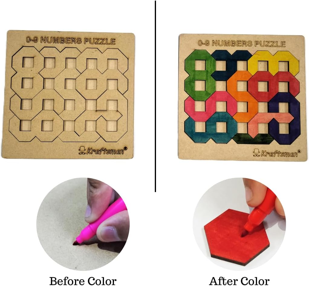 Kraftsman Color Your Own Numbers Puzzle 0–9, DIY Wooden Coloring Puzzle Kit for Kids, Learn Numbers, Creative Art & Learning Toy, Age 4+