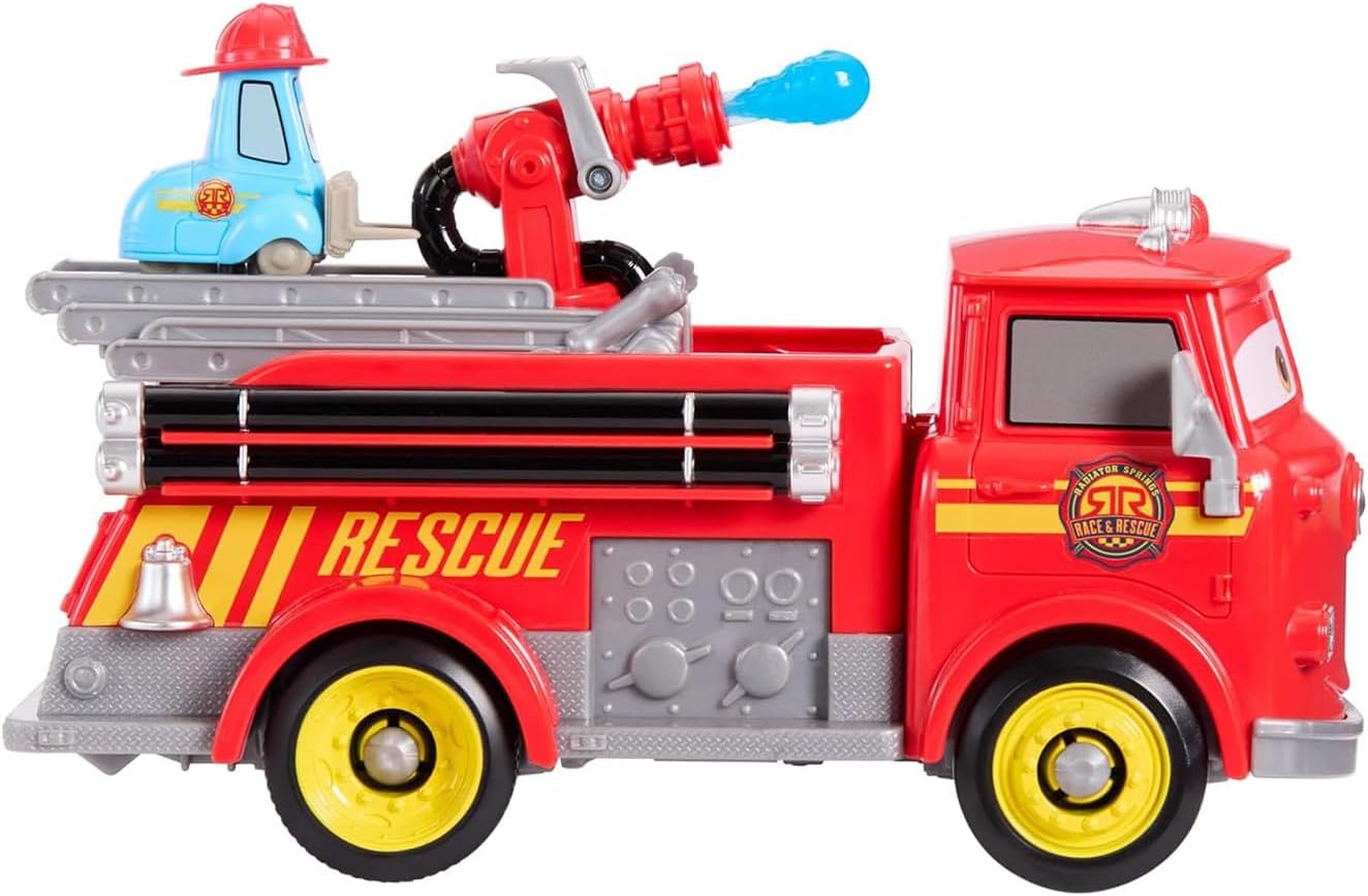 Mattel Disney and Pixar Cars Toy Firetruck, Radiator Springs Race & Rescue Fire Fighting Red & Guido, 2 Plastic Flame Targets & 2 Water Projectiles, JFL54