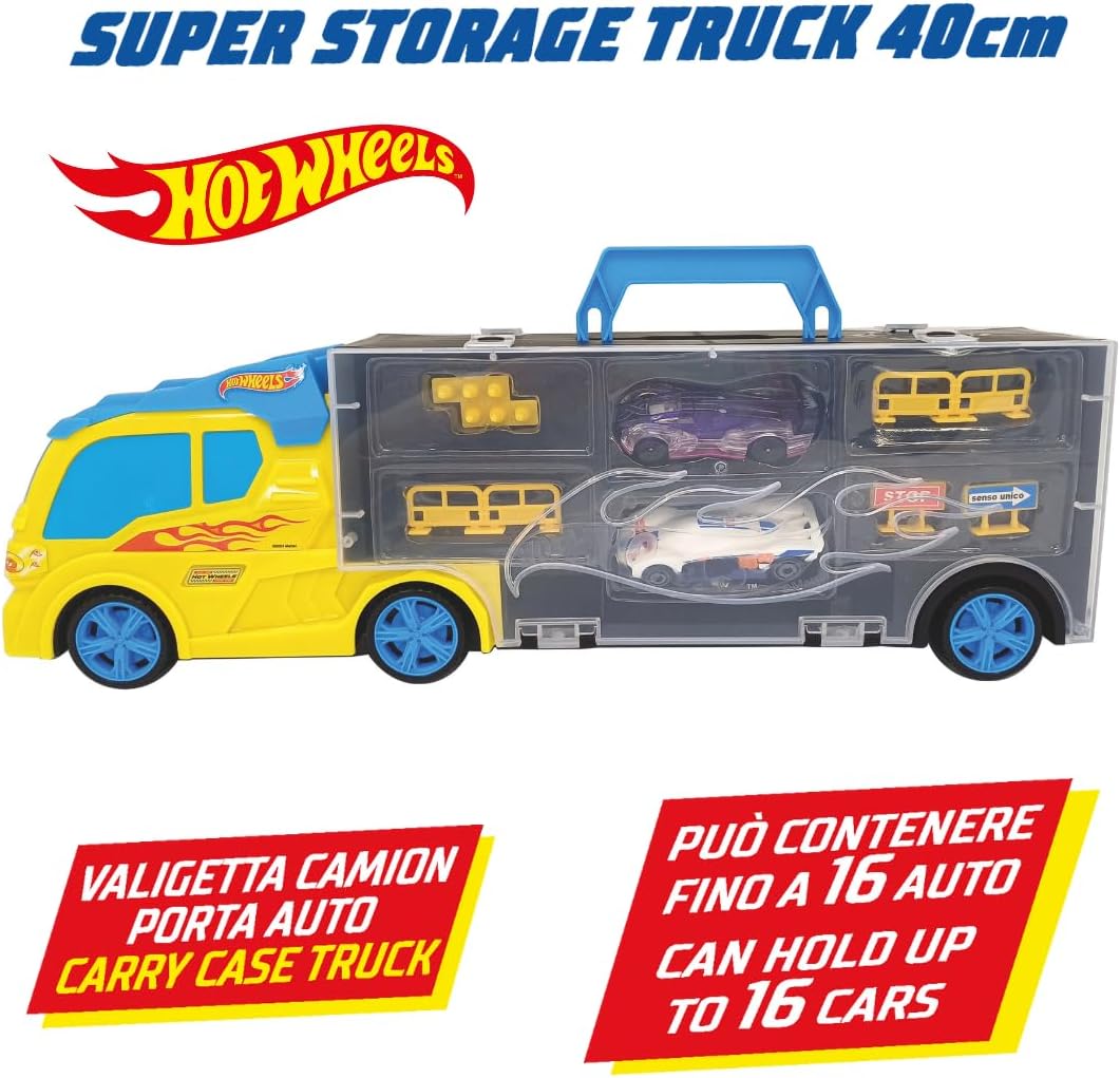 ODS 42041 Hot Wheels Transporter 40, Two Sided Folding Carry Case with Practical Handle and Car Slide, Includes 3 Original Vehicles and Road Signs, Freewheel Operation, Durable Plastic, Orange, Toy Car Storage and Playset for Kids Ages 3 and Up