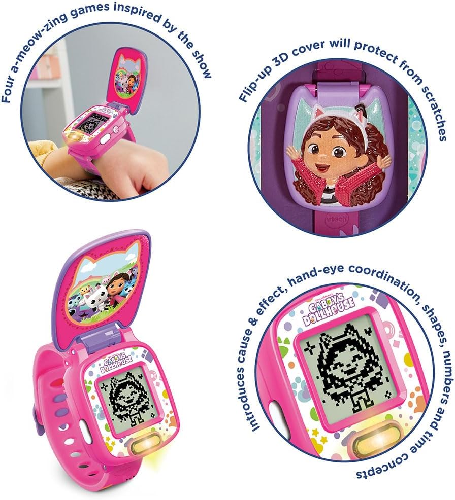 VTech - Gabby’s Dollhouse Time to Get Tiny Watch - Multicolour | includes 10 digital clock faces featuring Gabby and her kitty friends, a stopwatch| Suitable ages 3 + up