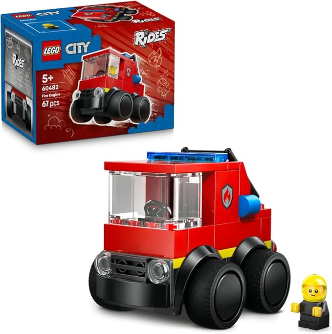 LEGO City Rides – Fire Engine Toy - Emergency Vehicles Building Set w/a Firefighter Junior Minifigure - Party Bag Fillers - Small Collectible Gift for 5+ Year Old Boys - 60482