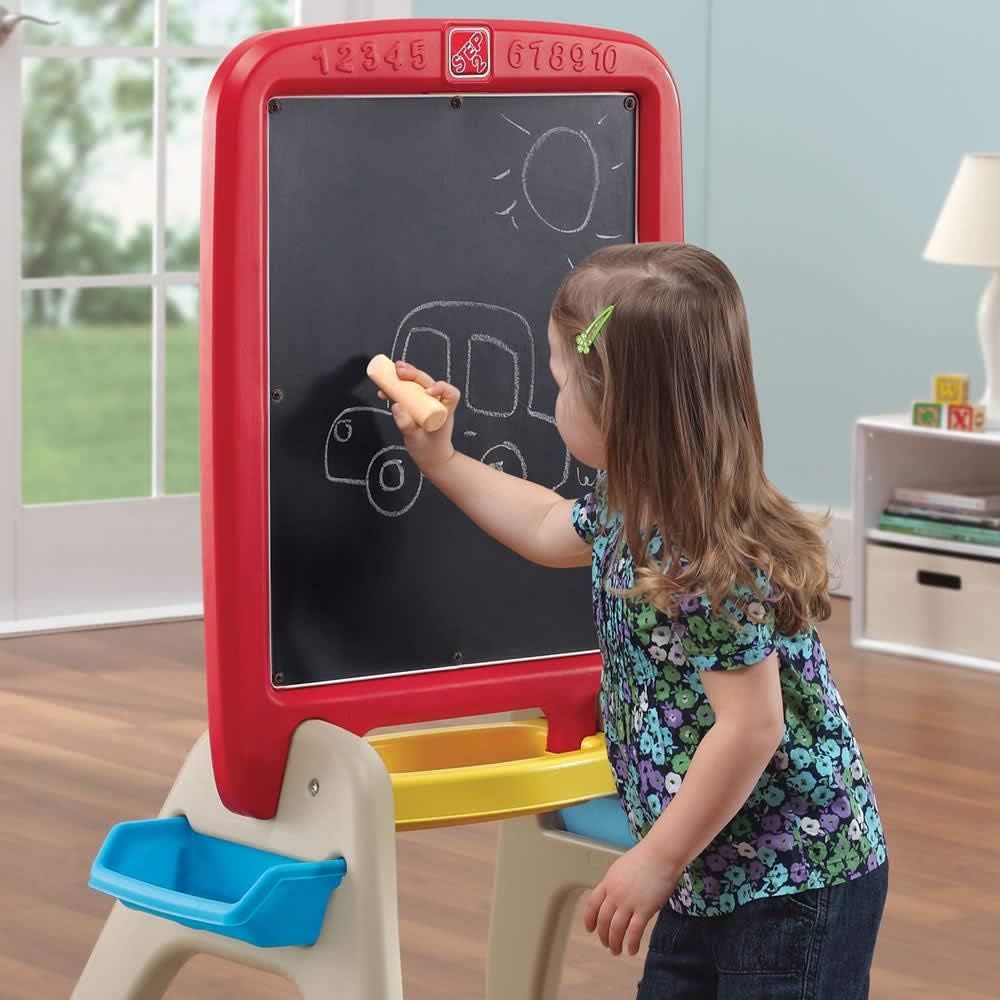 Step2 All Around Easel for Two, Double-Sided Art Station for Kids Ages 3-8, Magnetic Dry Erase & Chalkboard Creative Play
