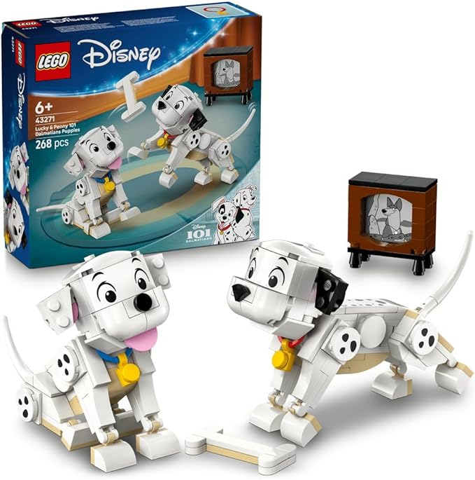 LEGO ǀ Disney Lucky & Penny 101 Dalmatians Puppies Toy - Play & Display Animal Figures with Movable Heads, Legs & Tails - incl. a Bone and TV - Ramadan Gift for 6+ Year Old Girls 43271