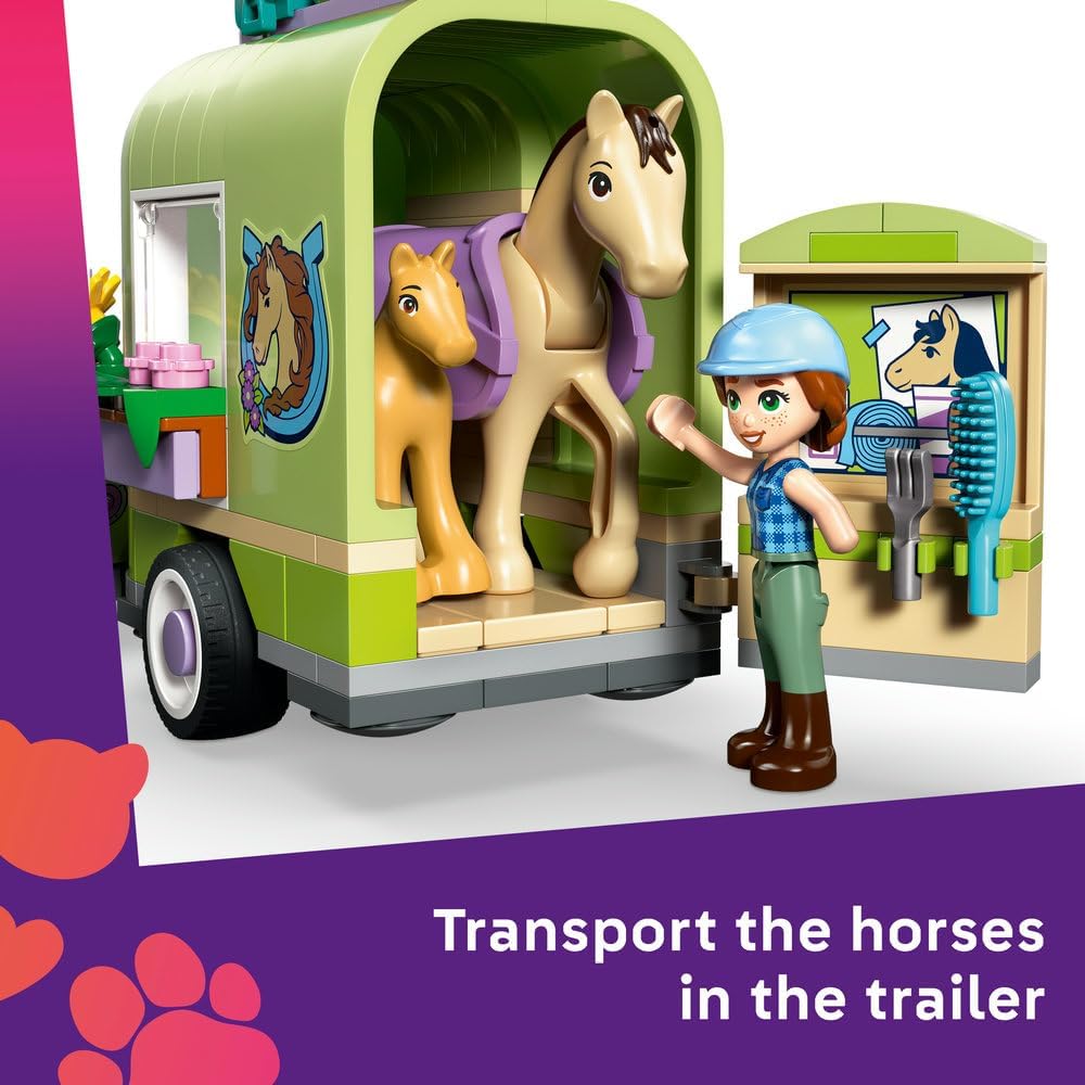 LEGO Friends Horse & Baby Foal Trailer - Horse Toy Playset w/Grooming Accessories, 4 Animal Figures, Car & 2 Mini Dolls - Birthday Gift Idea for 7+ Year Old Girls - 42695