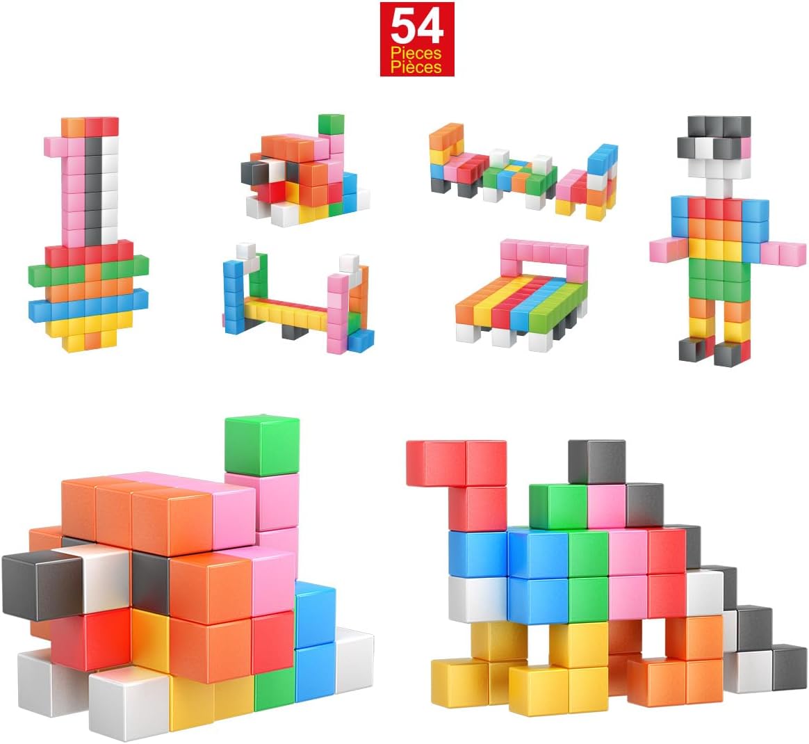 PicassoTiles Magnet Cube Building Blocks 54 Pieces 1.2" 3CM Magnetic Cubes Toy Construction Building Educational Sensory Toys with Idea Booklet for School & Preschool Kids Boys Girls Toddlers PMC301