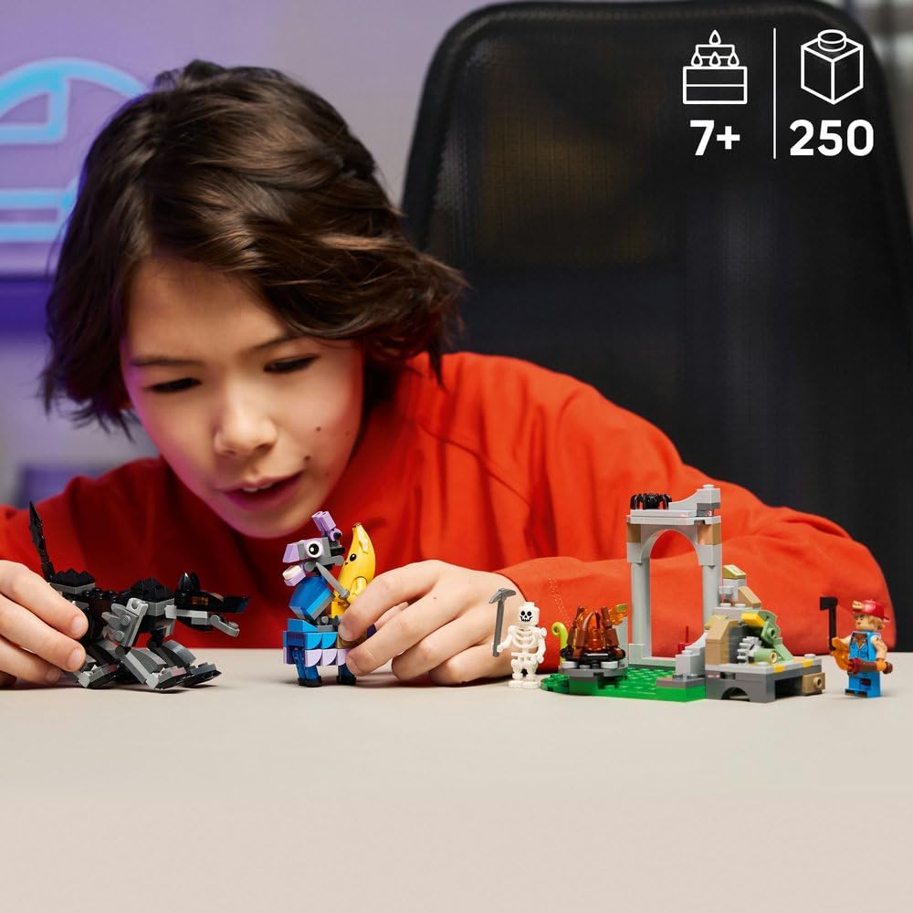 LEGO Fortnite Peely & Sparkplug’s Camp Toy - incl. Wolf & Supply Llama Figures plus a Campfire & 3 Minifigures - Gift for 7+ Year Old Boys, Girls & Gaming Fans - 77075