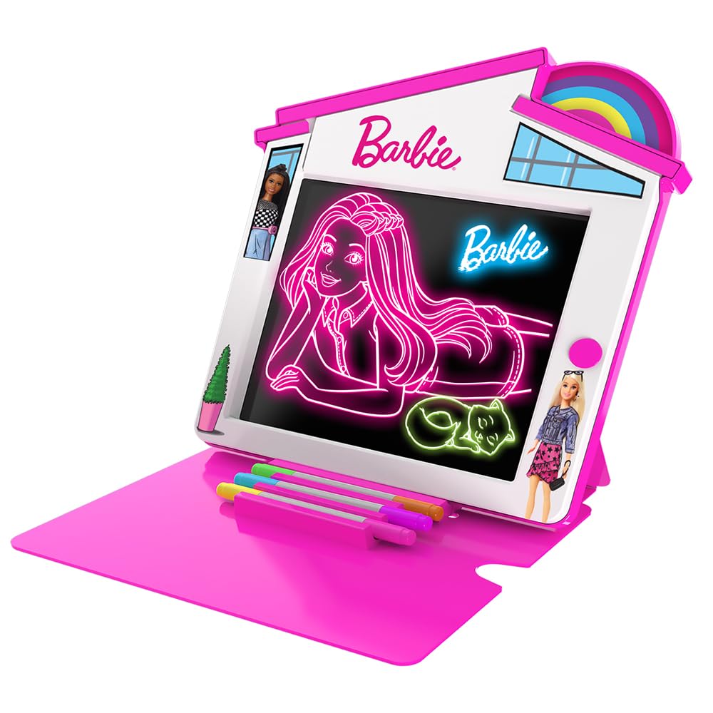 Barbie Dreamhouse Premium Glow Pad Battery Operated with Neon LED Effects, Reusable Drawing Board with Markers and Storage, Creative Art Toy for Kids, 3Y+ Years