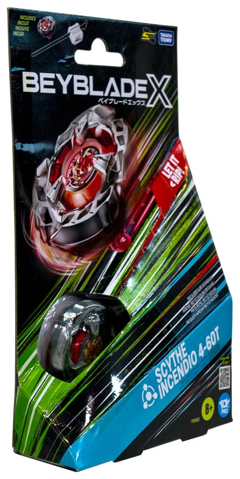 Takara Tomy Beyblade X Launcher Scythe Incendio 4-60T Starter Pack Top & Launcher, Easy Grip, Battle Top Toy, Bey Toy for 8+ Year Old Boys Girls, Authentic Die-cast Metal Parts, Powerful Attacks