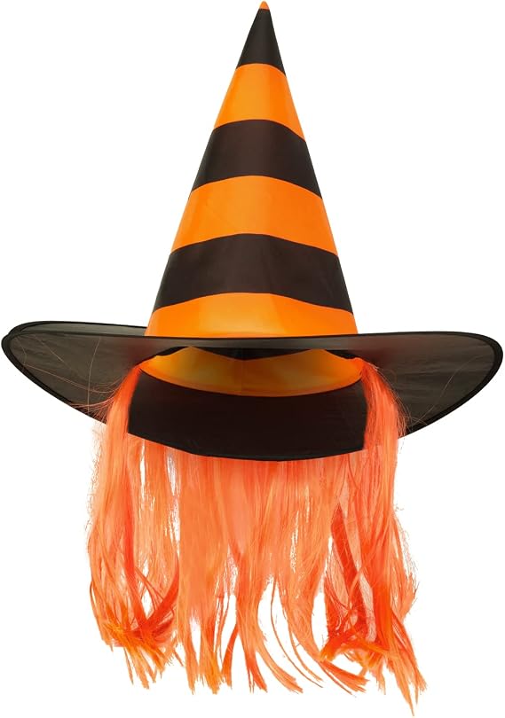 amscan 9918062 - Kids Halloween Black & Orange Striped Witches Hat with Attached Hair