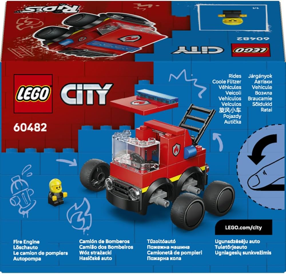 LEGO City Rides – Fire Engine Toy - Emergency Vehicles Building Set w/a Firefighter Junior Minifigure - Party Bag Fillers - Small Collectible Gift for 5+ Year Old Boys - 60482