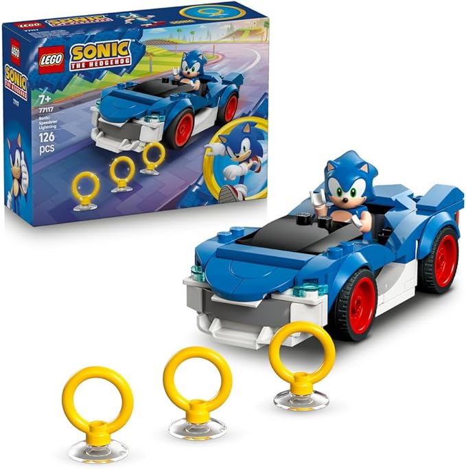 LEGO Sonic the Hedgehog: Sonic : Speedster Lightning - Race Car Toy w/a Minifigure, Chaos Emerald & 3 Gold Rings - Gaming Gift for 7+ Year Old Boys & Girls - 77117