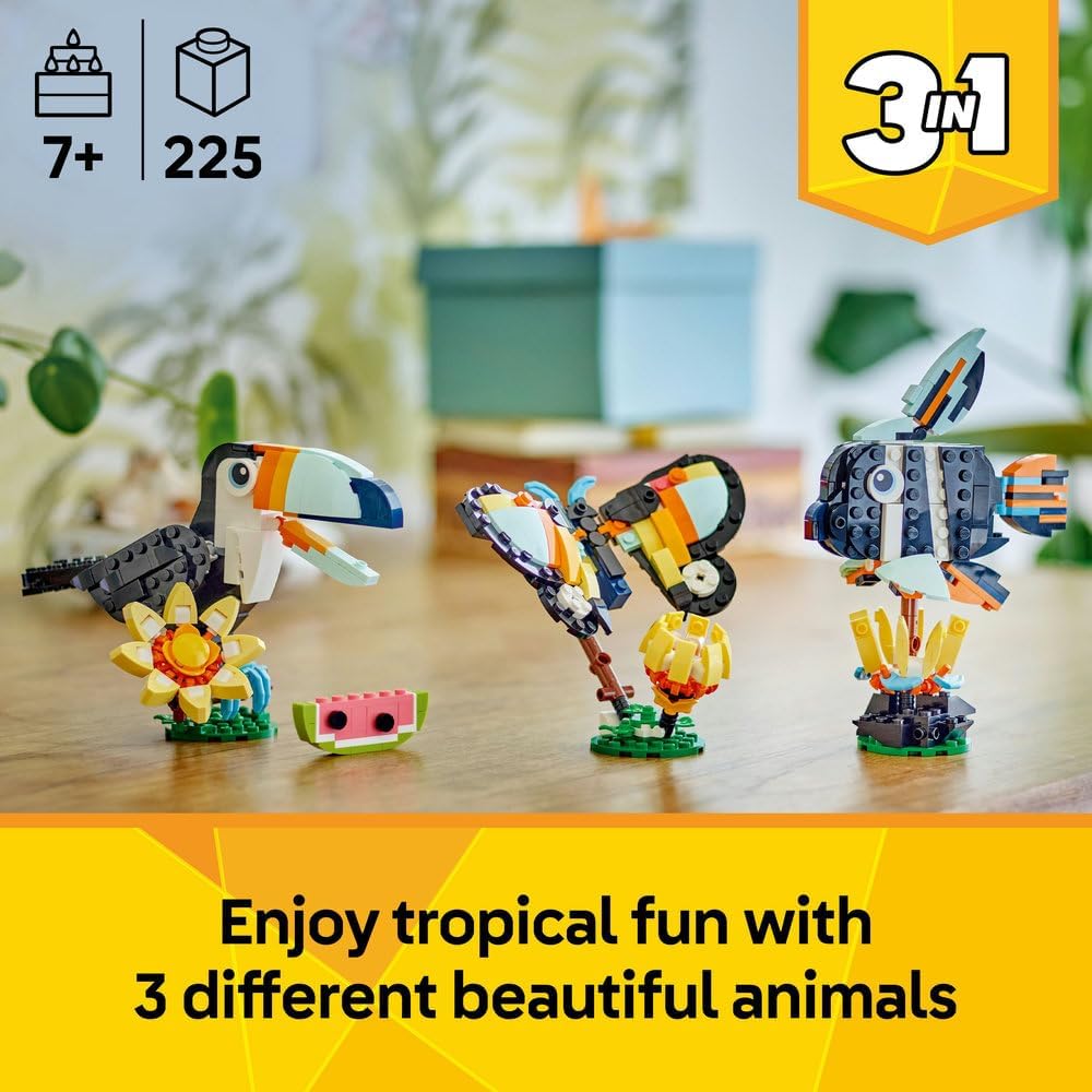 LEGO Creator 3in1 Wild Animals: Tropical Toucan with a Flower - Toy Animal Transforms into a Butterfly Figure or a Tropical Fish - Ramadan Gift for 7+ Year Old Girls & Boys - 31173