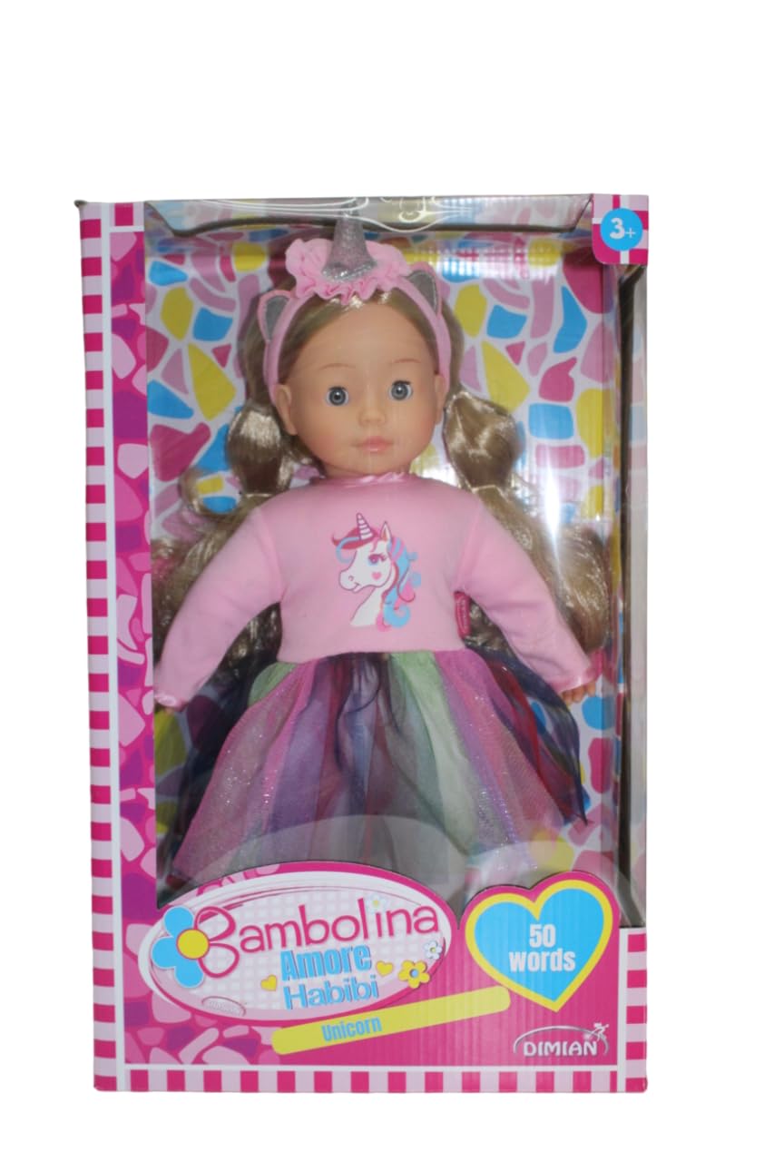 Bambolina Molly Unicorn Doll with Arabic 50 Words, 40 cm Size