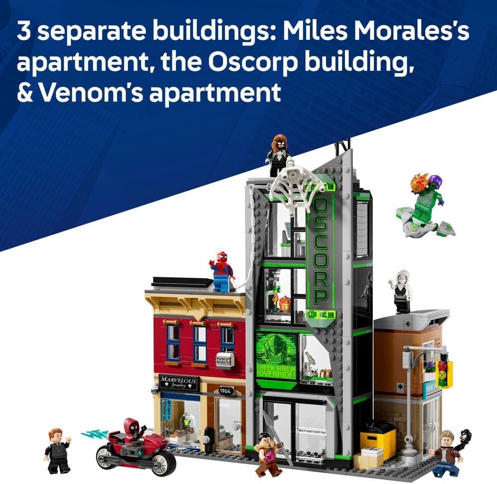 LEGO ǀ Marvel Spider-Man vs. Oscorp - Interactive Toy with a Motorbike, 8 Minifigures incl. Miles Morales & Green Goblin - Collectible Super Hero Gift for 10+ Year Old Boys & Fans - 76324