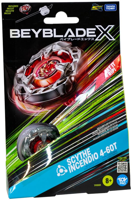 Takara Tomy Beyblade X Launcher Scythe Incendio 4-60T Starter Pack Top & Launcher, Easy Grip, Battle Top Toy, Bey Toy for 8+ Year Old Boys Girls, Authentic Die-cast Metal Parts, Powerful Attacks