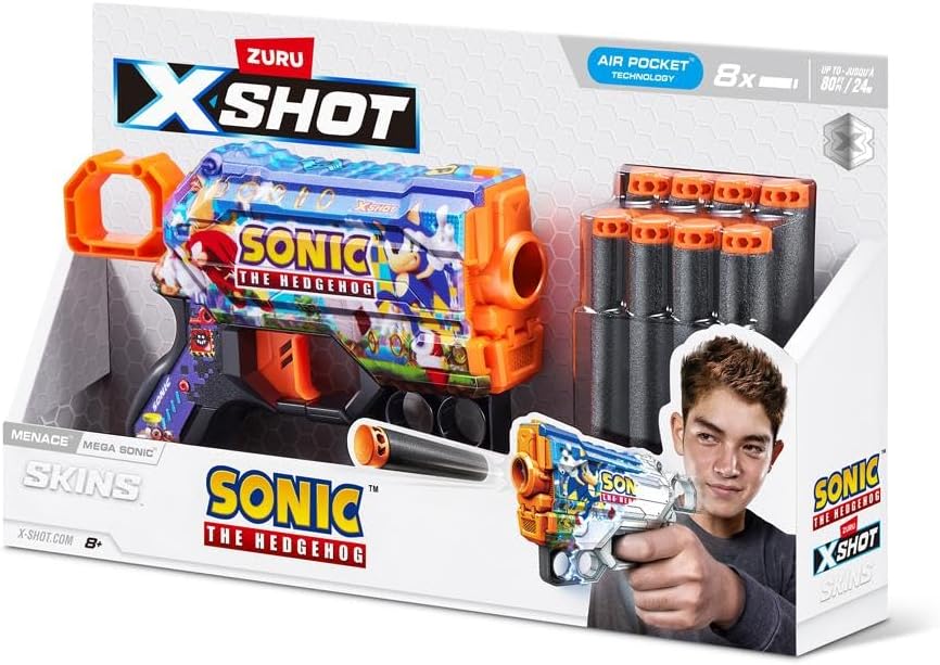 مسدس سهام كانديد إكس-شوت سكينز ميناس، تصميم سونيك القنفذ، 8 سهام إسفنجية، مدى 27 مترًا، متعدد الألوان، للأعمار من 18 شهرًا فأكثر