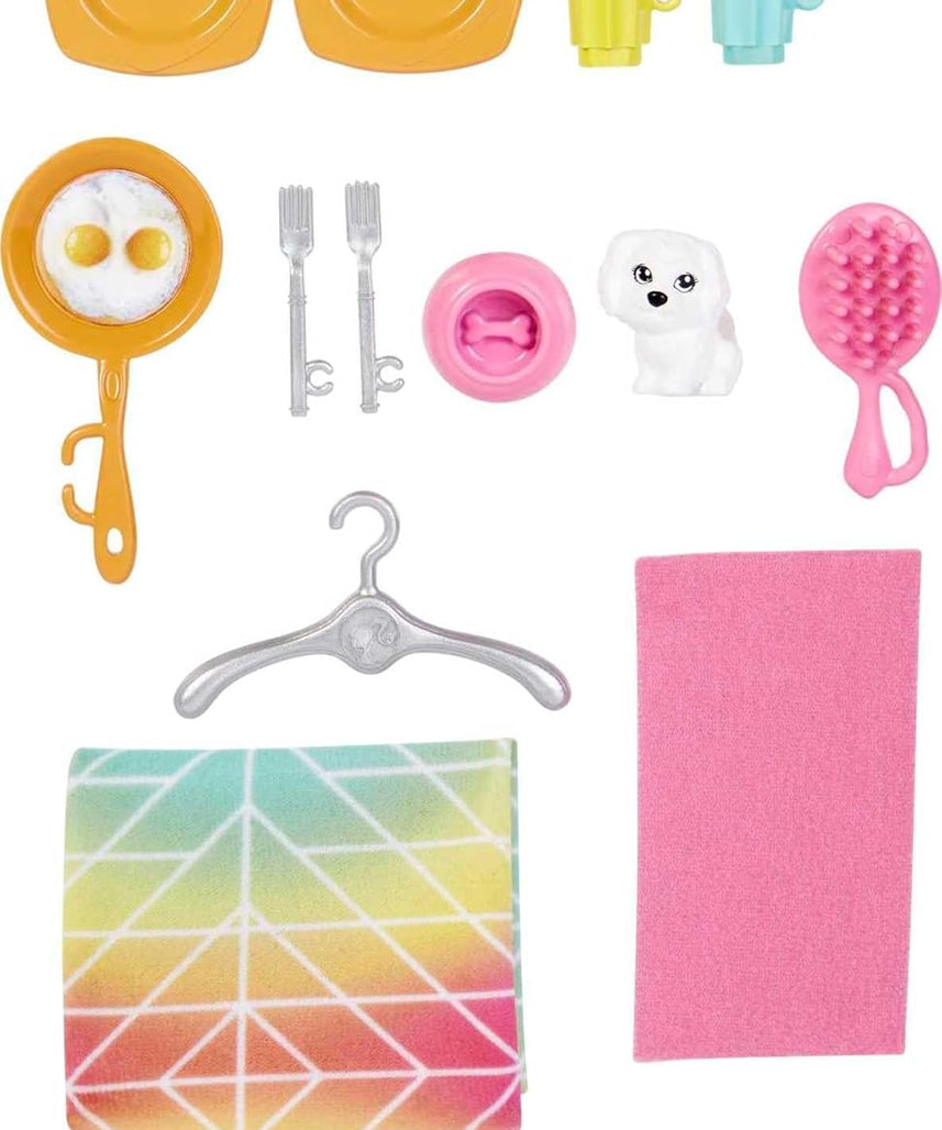 مجموعة لعب منزل باربي HCD48 الوردي اللطيف المكون من طابقين، تتضمن دمية وجراء وإكسسوارات، منزل أحلام باربي القابل للطي والمحمول للأطفال من سن 3 سنوات فما فوق