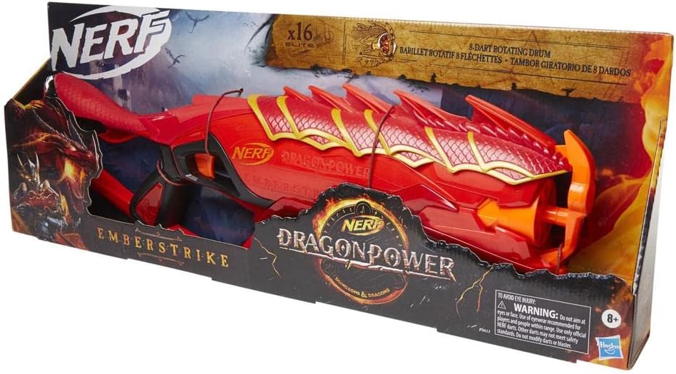 مسدس نيرف دراجون باور إمبرسترايك، مستوحى من لعبة الزنزانات والتنينات، مزود بأسطوانة دوارة بثمانية سهام، يعمل بضخ الهواء، يتضمن 16 سهم نيرف إيليت مع مخزن للسهام، مسدس لعبة للأطفال من سن 8 سنوات فما فوق
