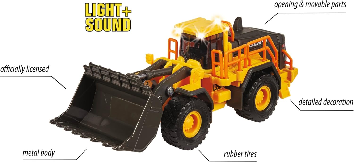 Majorette Grand Series Construction Volvo Wheel Loader L350H Die-Cast – Realistic Sound & Light Features, Movable Shovel, Sturdy Metal Design, One Size, Kids 3+