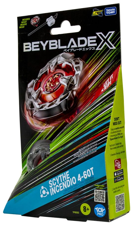 Takara Tomy Beyblade X Launcher Scythe Incendio 4-60T Starter Pack Top & Launcher, Easy Grip, Battle Top Toy, Bey Toy for 8+ Year Old Boys Girls, Authentic Die-cast Metal Parts, Powerful Attacks