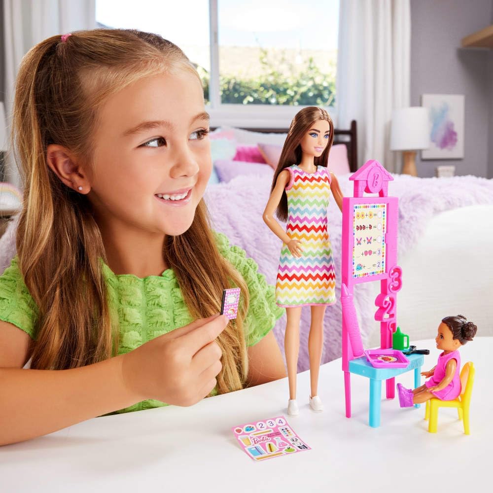 Barbie Teacher Doll with Brunette Fashion, 1 Toddler, & Classroom Accessories, Career Playset for Kids 3+