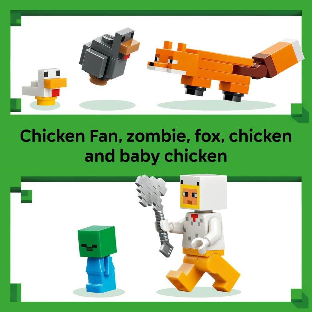 LEGO Minecraft Chicken Farm - Building Toy w/a Chicken Fan Minifigure, Baby Zombie & Fox Mob Figures - Gamer Gift for 7+ Year Old Boys & Girls - 21585