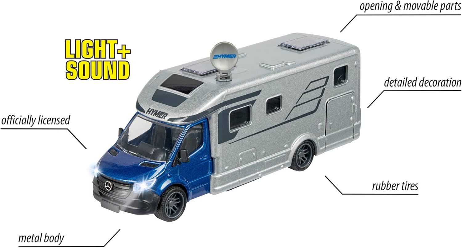 Majorette Grand Series – Hymer B-Class 780T Camper Die-Cast Vehicle with Lights, Sound Effects, Fold-Out Satellite Dish, Metal Cabin & Camper, One Size