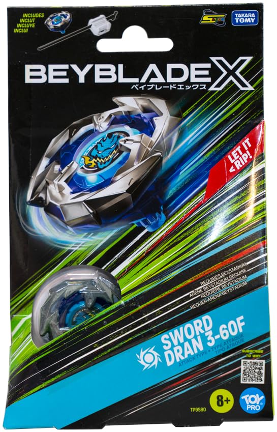 Takara Tomy Beyblade X Launcher Sword Dran 3-60F Starter Pack Top & Launcher, Easy Grip, Battle Top Toy, Bey Toy for 8+ Year Old Boys Girls, Authentic Die-cast Metal Parts, Powerful Attacks